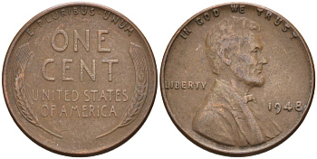США 1 цент 1948 Линкольн KM А132 медь цинк 4115-811