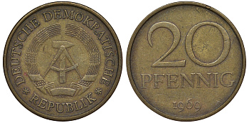 ГДР 20 пфеннигов 1969 А, первый год KM 11 латунь 62-1031