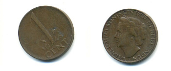 Нидерланды 1 цент 1948 Вильгельмина (1890-1948), год тип KM 175 бронза 80-942