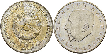 ГДР 20 марок 1971 А, 100 лет со дня рождения Генриха Манна (1871-1950) KM 33, J. 1531 медно-никель 82-1114