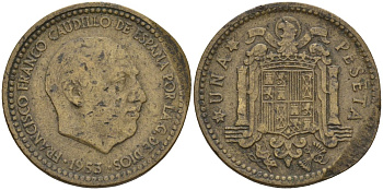 Испания 1 песета 1953 (56) Франсиско Франко (1939 - 1975) KM 775 алюминиевая бронза 4155-331