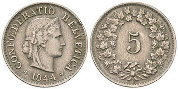 Швейцария 5 раппенов 1944 B KM 26 медно-никель 4115-1225