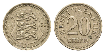 Эстония 20 сентов 1935 год-тип KM 17 никель латунь 46-2523