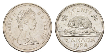 Канада 5 центов 1988 Елизавета II (1952-2022), бобр KM 60.2a медно-никель 4630-737