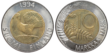 ФИНЛЯНДИЯ 10 МАРОК 1994 ГЛУХАРЬ KM 77 биметалл UNC 3334-836