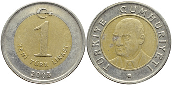 Турция 1 лира 2005 Кемаль Ататюрк KM 1169 биметалл 4397-236