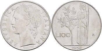 Италия 100 лир 1958 R, Афина KM 96.1 нержавеющая сталь 4117-323