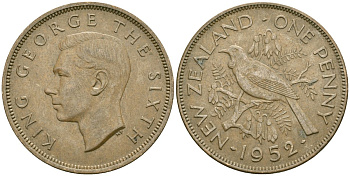 Новая Зеландия 1 пенни 1952 Георг VI (1936-1952), новозеландский туи KM 21 бронза 4542-1232