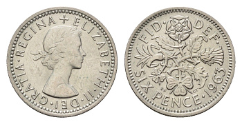 Великобритания 6 пенсов 1963 Елизавета II (1952-2022) KM 903, Spink 4149 медно-никель 4651-1228