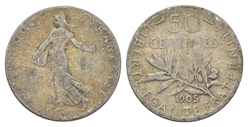 Франция 50 сантимов 1905 KM 854 серебро 4623-1163