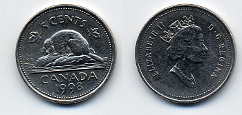 КАНАДА 5 ЦЕНТОВ 1998 ЕЛИЗАВЕТА II, БОБЕР KM 182 медно-никель 54-257