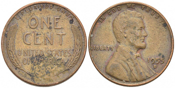 США 1 ЦЕНТ 1955 D, ЛИНКОЛЬН KM А132 медь цинк 218-257