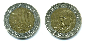 Чили 500 песо 2011 кардинал Рауль Сильва Энрикес (1907-1999) KM 235 биметалл 41-852