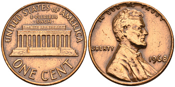 США 1 цент 1968 Линкольн KM 201 медь цинк    4115-318