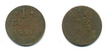 Франкфурт 1 геллер 1821 GB AKS 30, Jaeger 10, KM 301 медь 54-624