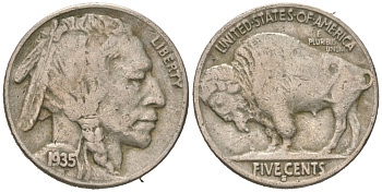 США 5 центов 1935 S, индеец, бизон KM 134 медно-никель 4614-1227