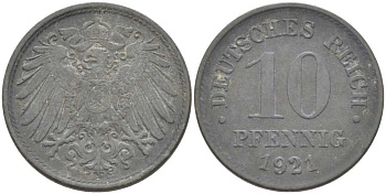 ГЕРМАНИЯ 10 ПФЕННИГОВ 1921 (1917-1922) KM 26, J. 299, Weege 8 цинк 210-253