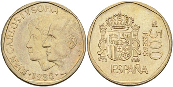 Испания 500 песет 1988 M, Хуан Карлос I (1975-2001) и София KM 831 алюминиевая бронза 4583-1014