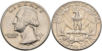 США 25 центов (квотер) 1973 D, Вашингтон KM 164a медь плакированная медно-никелем 4584-1025