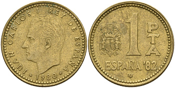 Испания 1 песета 1980 (81) чемпионат мира по футболу 1982 года в Испании, Хуан Карлос I (1975 - 2014) KM 816 алюминиевая бронза 4155-452