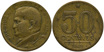 Бразилия 50 сентаво 1949 Эурику Дутра KM 563, Schon 68 алюминиевая бронза 4575-1131