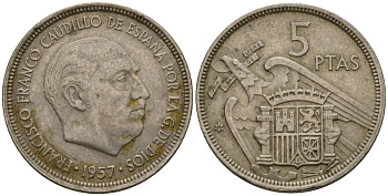 Испания 5 песет 1957 (68) Франсиско Франко (1939-1975) KM 786 медно-никель 186-647