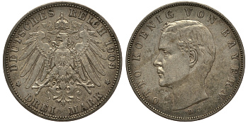 Бавария 3 марки 1909 Отто (1886-1913) Weege 45, J. 47, KM 515 серебро 3711-1922