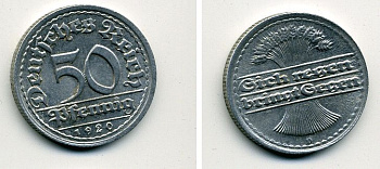 ГЕРМАНИЯ 50 ПФЕННИГОВ 1920 D KM 27, J. 301 алюминий 41-724
