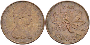 Канада 1 цент 1978 Елизавета II (1952-2022), кленовый лист KM 59.1 бронза 54-932