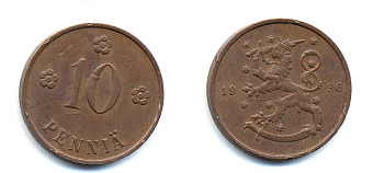 Финляндия 10 пенни 1936 республика (1918-1962) KM 24 медь 51-5525