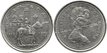 Канада 25 центов 1973 100 лет канадской горной полиции (1873-1973), Елизавета II (1952-2022) KM 81 никель 4543-733