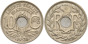 Франция 10 сантимов 1938 KM 866a, Le Franc 138.3 медно-никель 4143-1045