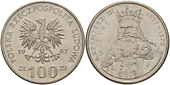 Польша 100 злотых 1987 MW, серия Польские короли, король Казимир III Великий (1333-1370) KM 167 медно-никель UNC 4599-731