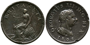 Великобритания 1 фартинг 1806 Георг III (1760-1820) KM 661, Spink 3782 медь 1518-245