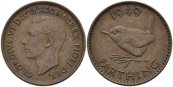 Великобритания 1 фартинг 1949 Георг VI (1936-1952) KM 867, Spink 4119 бронза 4596-969