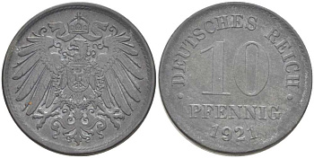 ГЕРМАНИЯ 10 ПФЕННИГОВ 1921 (1917-1922) KM 26, J. 299, Weege 8 цинк 210-233