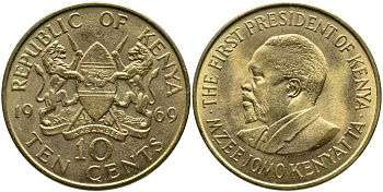 Кения 10 центов 1969 Джомо Кениата KM 11 никель латунь 4526-1046