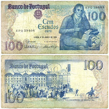 Португалия 100 эскудо 1985 Мануэл Мария Барбоза ду Бокаже, площадь Росиу в Лиссабоне до XIX века, 4 июня 1985 Pick 178е бумага 7547-19-3