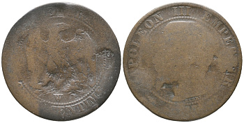 ФРАНЦИЯ 5 САНТИМОВ ND W, НАПОЛЕОН III (1852-1870) KM 777.7 бронза 34-431