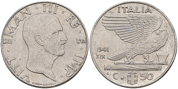 ИТАЛИЯ 50 ЧЕНТЕЗИМО 1941 R, ГОД XIX, ВИКТОР ЭММАНУИЛ III (1900-1946) KM 76b, VEM3. 1063 нержавеющая сталь 3853-412