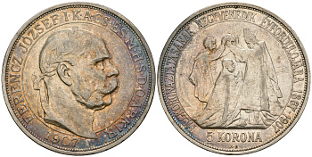 Венгрия 5 корон 1907 KB, 40 лет со дня коронации Франца Иосифа I KM 489, Herinek 779, Jaeger/Jaeckel 416 серебро 00-805-57