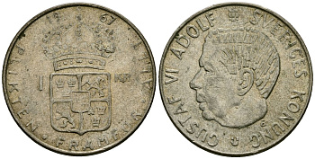Швеция 1 крона 1967 U, Густав VI Адольф (1950-1973) KM 826 серебро 4177-1022