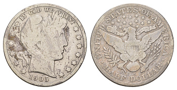 США 1/2 доллара (50 центов) 1905 S, 50 центов Барбера KM 116 серебро    5010-1634