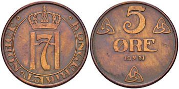 НОРВЕГИЯ 5 ЭРЕ 1951 ХОКОН VII (1905-1957) KM 368 бронза 32-1144