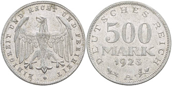 ГЕРМАНИЯ 500 МАРОК 1923 А KM 36, J. 305, Weege 23 алюминий 4544-1227