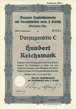 Германия 100 рейхсмарок 1931 Художественные фабрики Вюрцена и бисквитные фабрики, в частности, им. Ф. Критча, им. Вюрцена и др., фиолетовая, акция   бумага   8803-153-1