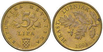 Хорватия 5 лип 1993 нечетный год KM 5 сталь плакированная латунью  aUNC  4124-711