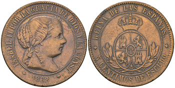 Испания 5 сентимо 1868 OM, Изабелла II (1833-1868) KM 635.2 бронза 215-831
