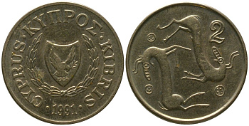 Кипр 2 цента 1991 KM 54.3 никель латунь 4158-369