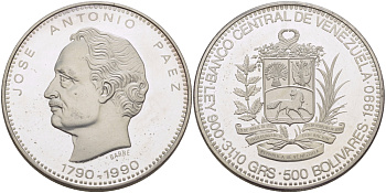 Венесуэла 500 боливаров 1990 200 лет со дня рождения Хосе Антонио Паэс KM 64 серебро PROOF 00-00-00